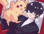  1boy amamiya_ren black_hair brown_hair gen_1_pokemon glasses highres kiriya_(552260) looking_at_viewer male_focus open_mouth persona persona_5 pikachu pokemon pokemon_(creature) school_uniform short_hair shuujin_academy_uniform simple_background smile super_smash_bros. 