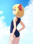 1girl ass bare_arms barefoot blonde_hair blue_sky cato_(monocatienus) cloud commentary cowboy_shot day flat_ass flat_chest from_side hair_ribbon highres looking_at_viewer one-piece_swimsuit open_mouth outdoors red_eyes red_ribbon ribbon rumia short_hair sky solo swimsuit touhou white_swimsuit 