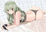  1girl alternate_hairstyle anchovy_(girls_und_panzer) ass bangs bed_sheet black_bra black_panties black_ribbon bra commentary drill_hair dutch_angle eyebrows_visible_through_hair girls_und_panzer green_hair hair_down hami_dmg holding holding_ribbon indoors lace-trimmed_bra lace-trimmed_panties lace_trim long_hair looking_at_viewer lying on_bed on_stomach panties parted_lips polka_dot polka_dot_bra polka_dot_panties red_eyes ribbon skindentation smile solo thong underwear underwear_only 