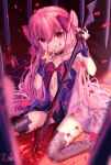  1girl :q babydoll bangs bare_shoulders black_choker black_legwear black_neckwear blood blood_on_clothes blood_on_face blood_on_hands blood_on_weapon blurry blurry_foreground bow breasts choker closed_mouth dead_apostle_noel_(tsukihime) eyebrows_visible_through_hair hair_bow head_tilt highres holding holding_sword holding_weapon long_hair looking_at_viewer mole mole_under_mouth multicolored multicolored_clothes multicolored_legwear nattsu_(nattu888_8) noel_(tsukihime) petals pink_bow pink_hair pool_of_blood red_eyes rose_petals sidelocks signature sitting sleeveless small_breasts smile solo spoilers sword thighhighs tongue tongue_out tsukihime tsukihime_(remake) upturned_eyes very_long_hair wariza weapon wrist_cuffs younger 