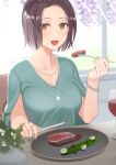  1girl :d alcohol black_hair blush bracelet breasts cleavage collarbone cup drinking_glass food fork green_shirt highres indoors jewelry kitazawa_(embers) looking_at_viewer medium_breasts nail_polish necklace open_mouth original plant plate potted_plant red_wine ring sauce shirt short_hair smile solo steak sunlight upper_body v-neck window wine wine_glass yellow_eyes 