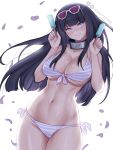  1girl artist_name bangs bikini black_hair blunt_bangs blush breasts cowboy_shot english_commentary eyebrows_visible_through_hair eyewear_on_head forehead_protector highres hyuuga_hinata large_breasts long_hair mandytsune naruto_(series) naruto_shippuuden navel petals simple_background smile solo sunglasses swimsuit twitter_logo watermark white_background 