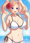  1girl bikini blonde_hair blue_eyes blue_sky breasts cleavage cloud cowboy_shot day drill_hair highres honolulu_(kancolle) horizon kantai_collection large_breasts long_hair looking_at_viewer ocean open_mouth outdoors round_teeth sei_(6862879) shaka_sign sky solo swimsuit teeth twin_drills twintails upper_teeth white_bikini 