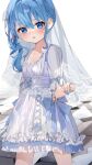  1girl absurdres bangs blue_eyes blue_hair blue_nails blush collarbone commentary_request dress eyebrows_visible_through_hair highres hololive hoshimachi_suisei jewelry kneeling looking_at_viewer ring side_ponytail solo thighhighs veil virtual_youtuber wedding_dress wedding_ring white_dress white_legwear yoru_uyo 