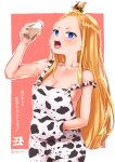  1girl absurdres animal_print blonde_hair blue_eyes blush bottle breasts character_request chocolate_milk cleavage collarbone copyright_request cow_print cowboy_shot dated hair_bun hair_ornament hairclip half_updo hand_in_pocket highres long_hair looking_at_viewer medium_breasts milk_bottle naked_overalls open_mouth original overalls shiny shiny_hair shiny_skin sideboob sidelocks signature straight_hair tied_hair topknot tsumuji_magari_x_spring yumeno_tanuki 