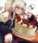  1girl animal_ears bangs bare_shoulders birthday_cake black_jacket black_shirt blush blush_stickers breasts cake chewing cleavage closed_mouth dynamite ear_piercing eating food food_on_face fur-trimmed_jacket fur_trim grey_eyes grey_hair grey_skirt hair_between_eyes happy_birthday highres hololive jacket jacket_partially_removed jewelry large_breasts lion_ears lion_girl lion_tail long_hair mato_(target5260) messy_hair musical_note necklace open_clothes open_jacket piercing see-through shirt shishiro_botan sidelocks skin_tight skirt sleeveless sleeveless_shirt smile solo spoken_musical_note ssrb tail two_side_up virtual_youtuber 