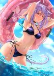  1girl :o ahoge animal_ear_fluff animal_ears armpits arms_up ass_visible_through_thighs bare_arms bare_shoulders bikini blue_sky blush breasts cat_ears cat_girl cat_tail cleavage collar cowboy_shot day hair_ornament hairclip highres holding holding_innertube hololive innertube long_hair looking_at_viewer medium_breasts navel nekomata_okayu outdoors parted_lips purple_bikini purple_eyes purple_hair purple_ribbon ribbon saku2621 side-tie_bikini signature sky solo stomach swimsuit tail twitter_username virtual_youtuber wading water 