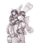  1girl black_hair core_fighter crossbone_gundam crossbone_gundam_x-1 gundam highres ishiyumi mecha monochrome personification smile solo sweat v-fin waving 