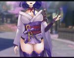  1girl absurdres armor bad_hands blurry blurry_background breasts bridal_gauntlets chinese_commentary cleavage commentary_request facing_viewer floral_print genshin_impact head_out_of_frame highres japanese_clothes kimono large_breasts long_hair long_sleeves obi obiage obijime open_mouth purple_hair purple_legwear purple_nails raiden_shogun ribbon sash shoulder_armor smile solo tassel thighhighs wide_sleeves yi_zhi_ai_xi 