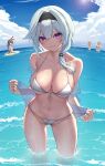  4girls ? absurdres amber_(genshin_impact) ball bangs barbara_(genshin_impact) bare_shoulders beachball bikini blonde_hair blue_sky breasts brown_hair cleavage cloud collarbone commentary_request day eula_(genshin_impact) eyebrows_visible_through_hair facing_away from_behind from_side front-tie_bikini front-tie_top genshin_impact groin hair_between_eyes hair_ribbon hairband high_ponytail highres holding horizon innertube jean_(genshin_impact) large_breasts light_blue_hair long_hair looking_at_viewer micro_bikini multiple_girls navel ocean outdoors parted_lips purple_eyes red_bikini red_ribbon ribbon see-through siblings side-tie_bikini sisters skindentation sky smile string_bikini swimsuit terebi_(shimizu1996) thighs twintails underboob wading water wet white_bikini 