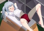  1girl 1other arms_behind_head artist_name barefoot breasts buruma character_name closed_eyes grey_hair gym_uniform inaba_shiki kantai_collection kasumi_(kancolle) long_hair lying open_mouth red_buruma shirt side_ponytail silhouette small_breasts spread_legs t-shirt upper_teeth vaulting_horse white_shirt 