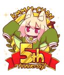  1girl animal_ear_fluff animal_ears anniversary bangs bell blonde_hair blush brown_collar character_name collar commentary_request eyebrows_visible_through_hair fox_ears green_shirt hair_between_eyes hair_bun hair_ornament highres jingle_bell kemomimi-chan_(naga_u) long_sleeves looking_at_viewer naga_u neck_bell orange_neckwear original purple_eyes sailor_collar shirt simple_background sleeves_past_fingers sleeves_past_wrists solo sparkle v-shaped_eyebrows white_background white_sailor_collar 