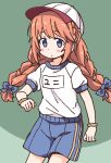  1girl baseball_cap blue_bow blue_eyes blue_shorts blush_stickers bow braid brown_hair closed_mouth commentary_request green_background gym_shirt gym_shorts gym_uniform hair_bow hat long_hair looking_at_viewer low_twintails multicolored_hair nekotoufu plaid plaid_bow princess_connect! puffy_short_sleeves puffy_sleeves shirt short_shorts short_sleeves shorts solo twin_braids twintails two-tone_hair very_long_hair white_headwear white_shirt yuni_(princess_connect!) 