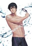  1boy abs black_hair blue_eyes free! goggles holding holding_goggles jammers male_focus male_swimwear nanase_haruka_(free!) navel parted_lips pectorals penguin_frontier short_hair solo splashing toned toned_male water wet wet_hair white_background 