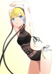  1girl absurdres armpits arms_up blonde_hair blue_eyes breasts elesa_(pokemon) headphones highres looking_at_viewer negimiso1989 open_mouth pokemon pokemon_(game) pokemon_bw short_hair simple_background solo swimsuit 