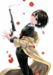  1girl androgynous artist_name bangs belt_pouch black_hair brown_coat closed_mouth coat dress_shirt flower from_side green_eyes green_jacket green_pants gun hair_between_eyes handgun hibiscus holding holding_gun holding_weapon itsuki_souma jacket kino_(kino_no_tabi) kino_no_tabi leaning_back long_sleeves looking_at_viewer looking_to_the_side off_shoulder pants petals pistol pouch red_flower revolver shirt short_hair signature simple_background smile smoke solo standing tomboy trench_coat trigger_discipline weapon white_background white_shirt 
