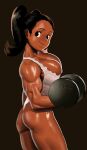  1girl arung_samudra_(cessa) ass biceps black_background black_eyes black_hair breasts cessa cleavage cowboy_shot dark-skinned_female dark_skin dumbbell exercise large_breasts leotard long_hair looking_at_viewer muscular muscular_female ombok_diving_and_delivery_services simple_background smile solo weightlifting white_leotard 