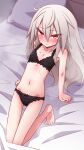  1girl absurdres black_bra black_panties blush bra elena_trafalgar flat_chest highres ikune_juugo kneeling lingerie long_hair looking_at_viewer navel on_bed original panties red_eyes silver_hair solo sweat underwear underwear_only 