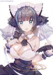  1girl :o animal_ears aqua_eyes aqua_hair azur_lane bangs bare_shoulders black_dress black_hair blunt_bangs breasts cheshire_(azur_lane) cleavage dedeko detached_collar dress eyebrows_visible_through_hair frilled_cuffs frilled_hairband frills gold_trim hair_ornament hairband hand_on_own_chest highres large_breasts looking_at_viewer maid_headdress medium_hair multicolored_hair open_mouth patreon_username ribbon shirt sidelocks simple_background solo taut_clothes taut_shirt two-tone_hair upper_body veil white_background wrist_cuffs 