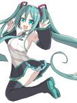  1girl :d aqua_eyes aqua_hair boots commentary detached_sleeves hatsune_miku headset highres jumping long_hair naitou_kouse necktie open_mouth panties panty_peek sleeveless smile solo thigh_boots thighhighs twintails underwear very_long_hair vocaloid white_background white_panties 