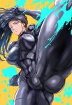  1girl abs arm_up asami_(one-punch_man) ass ass_visible_through_thighs black_hair bodysuit breasts clenched_hand daraz18aka dynamic_pose feet_out_of_frame high_kick highres kicking large_breasts long_hair looking_at_viewer looking_down muscular muscular_female one-punch_man open_mouth paint_splatter purple_eyes shiny shiny_clothes skin_tight solo thighs underboob 