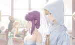  1boy 3girls blonde_hair blue_eyes breasts bridal_veil cleavage closed_mouth dress flower from_side highres kaleido_star layla_hamilton multiple_girls naegino_sora purple_hair rekari_(rekari628) standing sweat veil wedding_dress yuri 