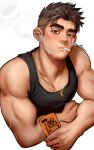  1boy bandaid bandaid_on_cheek bandaid_on_face bara black_hair black_tank_top cigarette green_eyes greenteaa highres holding holding_phone injury jewelry looking_at_viewer male_focus muscular muscular_male necklace original pectoral_cleavage pectorals phone short_hair smoke smoking solo tank_top thick_eyebrows undercut upper_body 