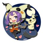  1girl ;d acerola_(pokemon) bangs bead_bracelet beads black_gloves black_legwear bracelet capelet chibi claw_pose commentary_request eyelashes gen_7_pokemon gloves grey_eyes hands_up heart hood hood_up hooded_capelet jewelry legwear_under_shorts mimikyu mitsu_(mitu_328) multicolored_footwear official_alternate_costume one_eye_closed open_mouth orange_bracelet orange_shorts pantyhose pokemon pokemon_(creature) pokemon_(game) pokemon_masters_ex purple_hair shoes shorts signature single_glove smile striped themed_object tongue vertical-striped_shorts vertical_stripes waist_cape 