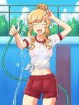  1girl arm_up bangs blonde_hair blue_sky bralines chain-link_fence closed_eyes cloud cloudy_sky commentary_request commission cowboy_shot day drill_locks empty_pool eyebrows_visible_through_hair facing_viewer fence gym_shirt gym_shorts gym_uniform holding holding_hose hose idolmaster idolmaster_cinderella_girls lielos navel ohtsuki_yui open_mouth outdoors partial_commentary pixiv_request pool red_shorts see-through shirt short_hair_with_long_locks short_sleeves shorts single_vertical_stripe sky smile solo standing tied_hair tied_shirt water wet wet_clothes wet_shirt 