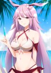  1girl alternate_eye_color animal_ears bangs beach bikini blue_sky breasts cleavage closed_mouth cloud cloudy_sky food fox_ears hair_between_eyes hair_ornament highres holding holding_food honkai_(series) honkai_impact_3rd long_hair looking_at_viewer ocean outdoors pink_eyes pink_hair popsicle sky smile solo summer swimsuit tree waves yae_sakura yukki_0125 