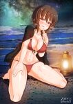  1girl aquaegg artist_name barefoot beach bikini black_jacket blush breasts brown_eyes brown_hair cameltoe cleavage collarbone commentary_request eyebrows_visible_through_hair finger_to_mouth front-tie_bikini front-tie_top girls_und_panzer half-closed_eyes halterneck hand_up highres horizon jacket jacket_on_shoulders kuromorimine_military_uniform lantern large_breasts looking_at_viewer military military_uniform milky_way navel night night_sky nishizumi_maho ocean outdoors parted_lips photo_background red_bikini shiny shiny_hair short_hair side-tie_bikini signature sitting sky smile solo star_(sky) starry_sky string_bikini swimsuit tsurime twitter_username uniform wariza wet 