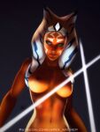  1girl ahsoka_tano alien blue_eyes blue_hair breasts brown_lips colored_skin completely_nude dark_nipples diadem dual_wielding energy_sword english_commentary facial_mark facial_tattoo forehead_mark highres holding japes jedi lightsaber looking_to_the_side medium_breasts medium_hair multicolored_hair navel nipples nose nude orange_skin patreon_username solo star_wars sword tattoo tentacle_hair togruta toned two-tone_hair upper_body watermark weapon web_address white_hair 