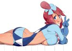  1girl blue_eyes blue_footwear blue_gloves blue_jacket blue_shorts breasts cropped_jacket gloves hair_ornament jacket large_breasts midriff pokemon red_hair short_hair_with_long_locks short_shorts shorts sidelocks skyla_(pokemon) solo thigh_pouch tied_hair tottotonero turtleneck 