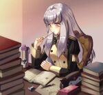  1girl bangs book book_stack bottle chair character_print commentary desk eating eine_(eine_dx) english_commentary epaulettes eraser eyebrows_visible_through_hair fire_emblem fire_emblem:_three_houses food fountain_pen garreg_mach_monastery_uniform highres holding holding_food kuromi long_hair long_sleeves lorem_ipsum lysithea_von_ordelia onegai_my_melody pen pencil_case pink_eyes pocky reading sidelocks sitting solo sticker water_bottle white_hair 
