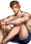  1boy arm_tattoo bara blue_eyes blue_shorts bracelet brown_hair can closed_mouth earrings flower greenteaa hair_flower hair_ornament highres holding holding_can jewelry looking_at_viewer male_focus muscular muscular_male original scar scar_on_arm scar_on_face short_hair shorts shoulder_tattoo sitting smile soda soda_can solo tank_top tattoo thick_eyebrows thick_thighs thighs white_tank_top 