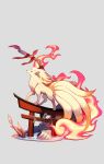  arch closed_mouth commentary_request fire gen_1_pokemon grey_background highres lanjiujiu leaf looking_up ninetales no_humans pokemon pokemon_(creature) red_eyes ripples smile solo standing toes water yellow_fur 