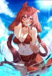  1girl aties20 bikini blue_sky blurry blush bokeh breasts brown_hair cleavage cloud daiwa_scarlet_(umamusume) depth_of_field dutch_angle frilled_swimsuit frills front-tie_top hand_in_hair highres horse_girl large_breasts lens_flare long_hair nail_polish ocean red_bikini red_eyes red_hair sirowanwan sky smile solo splashing swimsuit umamusume wading wet 