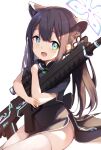  1girl animal_ear_fluff animal_ears black_dress blue_archive brown_hair china_dress chinese_clothes cowengium dress green_eyes gun halo highres long_hair looking_at_viewer object_hug open_mouth rifle short_sleeves shun_(blue_archive) simple_background sitting smile solo thighhighs twintails weapon weapon_request white_background white_legwear 