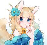  1girl animal_ears azur_lane bell blonde_hair blue_eyes blue_kimono blush breast_press breasts fox_ears fox_tail fur_collar gradient gradient_background green_background japanese_clothes jingle_bell kimono kitsune large_breasts long_hair long_sleeves looking_at_viewer multiple_tails niizuki_(azur_lane) shichijou_natori solo tail thick_eyebrows upper_body wavy_mouth wide_sleeves 
