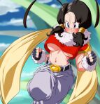  1girl antennae belt black_hair blue_eyes blurry blurry_background blush breasts chain closed_mouth cosplay dragon_ball dragon_ball_gt dragon_ball_z insect_wings large_breasts low_twintails navel no_bra pan_(dragon_ball) pan_(dragon_ball)_(cosplay) pants red_shirt rom_(20) shirt short_sleeves solo twintails underboob videl wings 