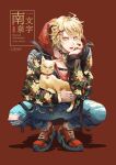  1boy :p absurdres ahoge animal bangs bell belt black_jacket blonde_hair blue_pants casual cat character_name choker denim floral_print full_body hair_ornament hairclip hand_on_own_cheek hand_on_own_face head_rest highres holding holding_animal hood hoodie jacket jeans jewelry jingle_bell long_sleeves looking_at_viewer male_focus nansen_ichimonji neck_bell pants paw_print print_jacket red_background red_footwear red_hoodie ring shoes short_hair simple_background sneakers socks solo squatting tongue tongue_out torn_clothes torn_jeans torn_pants touken_ranbu tsukimiya_akira white_legwear x_hair_ornament yellow_eyes 