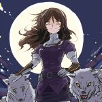  1girl ashigara_(kancolle) breasts brown_hair fudeyama_(fudeco) full_moon kantai_collection long_hair medium_breasts moon orange_eyes smile solo wolf 