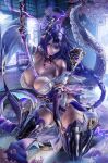  1girl banned_artist bare_hips bare_shoulders between_breasts black_legwear braid braided_ponytail breasts cherry_blossoms elbow_gloves electricity genshin_impact gloves hair_ornament japanese_clothes kimono kneeling large_breasts looking_at_viewer purple_eyes purple_hair raiden_shogun sakimichan solo sword sword_between_breasts thighhighs thighs weapon 