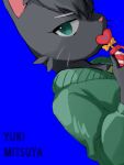  1girl blue_background cat character_name english_text fukomo furry furry_female green_eyes holding holding_pen mitsuya_yuki odd_taxi pen simple_background solo 