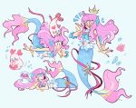  1girl head_fins highres hoaxghost kururun_(precure) laura_(precure) long_hair mermaid midriff monster_girl multiple_views pearl_hair_ornament pink_hair precure solo split_tail tropical-rouge!_precure 