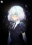  1other alpha_signature androgynous bangs black_background black_neckwear collar collared_shirt colored_eyelashes commentary_request diamond_(houseki_no_kuni) elbow_gloves eyebrows_visible_through_hair gem_uniform_(houseki_no_kuni) gloves grey_eyes hair_between_eyes houseki_no_kuni looking_at_viewer multicolored_hair necktie pepper_fever puffy_short_sleeves puffy_sleeves shirt short_hair short_sleeves silver_hair simple_background solo sparkle tearing_up upper_body white_gloves white_shirt 