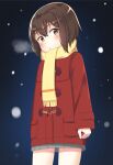  1girl arms_at_sides bangs blush boku_dake_ga_inai_machi breath brown_eyes brown_hair coat commentary from_below grey_skirt hair_between_eyes hinazuki_kayo looking_at_viewer looking_down mkt night parted_lips pleated_skirt red_coat scarf short_hair skirt snowing solo standing toggles yellow_neckwear yellow_scarf 