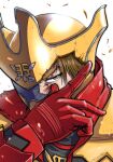  1boy aoi_onion blonde_hair blood blood_on_face damaged gloves helmet kikai_sentai_zenkaiger looking_to_the_side male_focus portrait red_gloves solo super_sentai tokusatsu twokaizer visor white_background yellow_eyes zox_goldtsuiker 