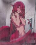  1girl absurdres blush breasts commission commissioner_upload eyebrows_visible_through_hair eyes_visible_through_hair glass_door highres lamia loen long_hair medium_breasts miia_(monster_musume) monster_girl monster_musume_no_iru_nichijou nude pointy_ears red_hair scales shower_(place) showering slit_pupils solo steam washing_hair wet wet_hair yellow_eyes 