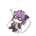  1boy bangs closed_eyes commentary_request cosplay cushion domino_mask gen_3_pokemon grumpig grumpig_(cosplay) hood hood_up kiwi_of_ruin korean_commentary lying male_focus mask on_back onesie pokemon pokemon_(game) pokemon_ears pokemon_hgss pokemon_tail purple_hair short_hair sleeping solo tail white_background will_(pokemon) zzz 